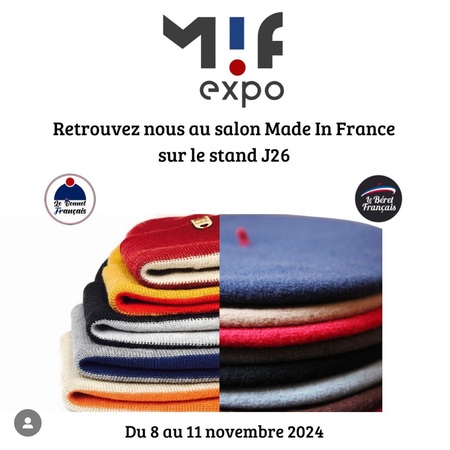 🇫🇷 Retrouvez-nous au Salon Made in France 🇫🇷@mifexpo
Du 8 au 11 novembre, venez nous rencontrer pour découvrir nos produits 100% Made in France
Et ce n’est pas tout... nous avons une surprise à vous dévoiler ! Nous avons récemment repris la marque @lebonnetfrancais . 
Venez découvrir en exclusivité cette nouvelle aventure qui célèbre l’artisanat français et l’élégance à la française.
Ne manquez pas l’occasion de découvrir nos nouveautés et de partager ce moment unique avec nous !

Parc des Expositions - Porte de Versailles
17 Du 8 au 11 novembre, stand J26

#mifexpo #madeinfrance #lebonnetfrancais
#savoirfairefrancais #surprise #decouverte
#parcdesexpositions